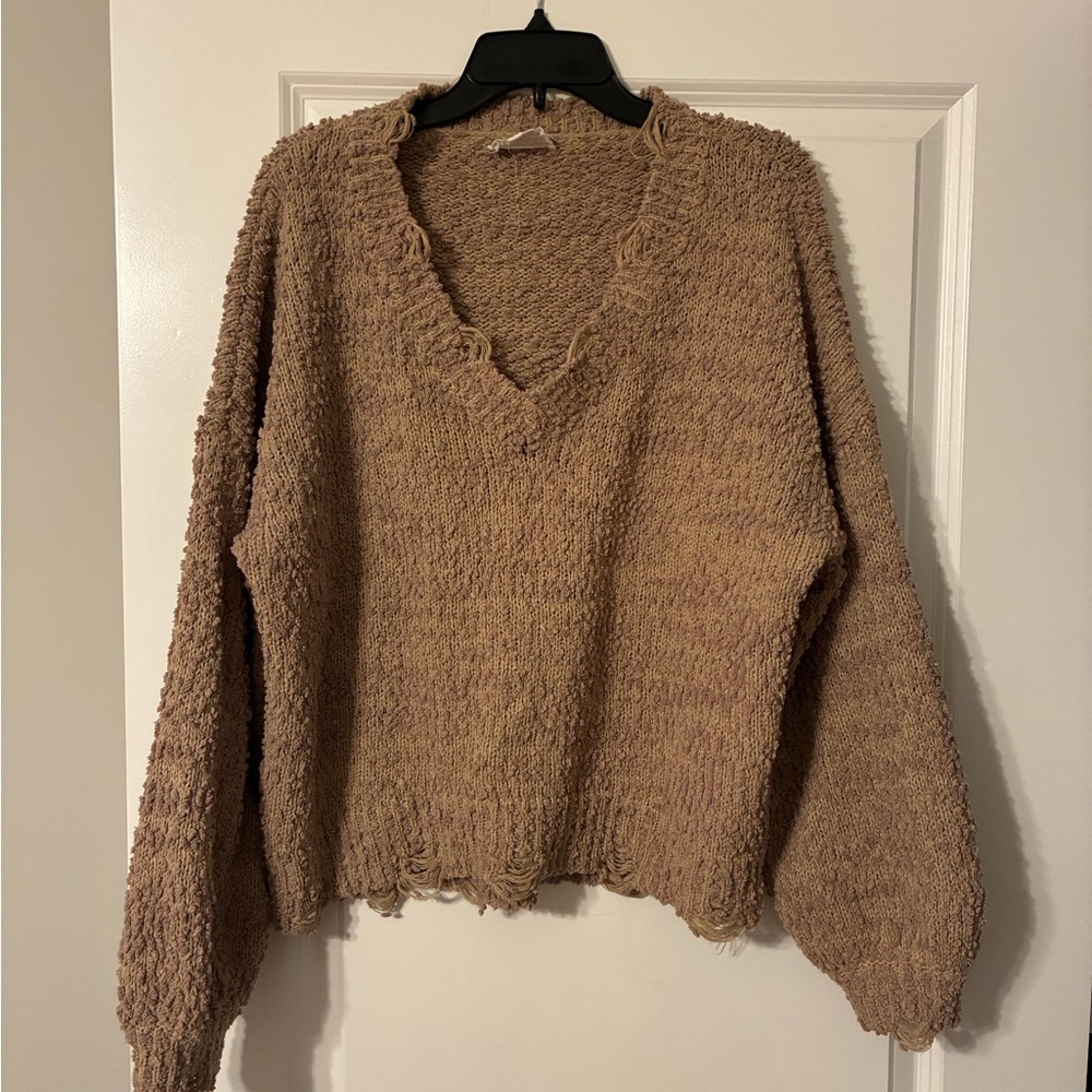 Love Riche Distressed V-Neck Sweater - Taupe